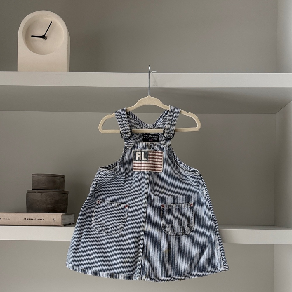 Ralph Lauren Blue Pinstripe Denim Overall Dress with RL Patch